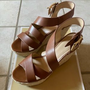 Michael Kors Women’s 8M Celia Mid Wedge Brown Leather Espadrille Sandal Like New